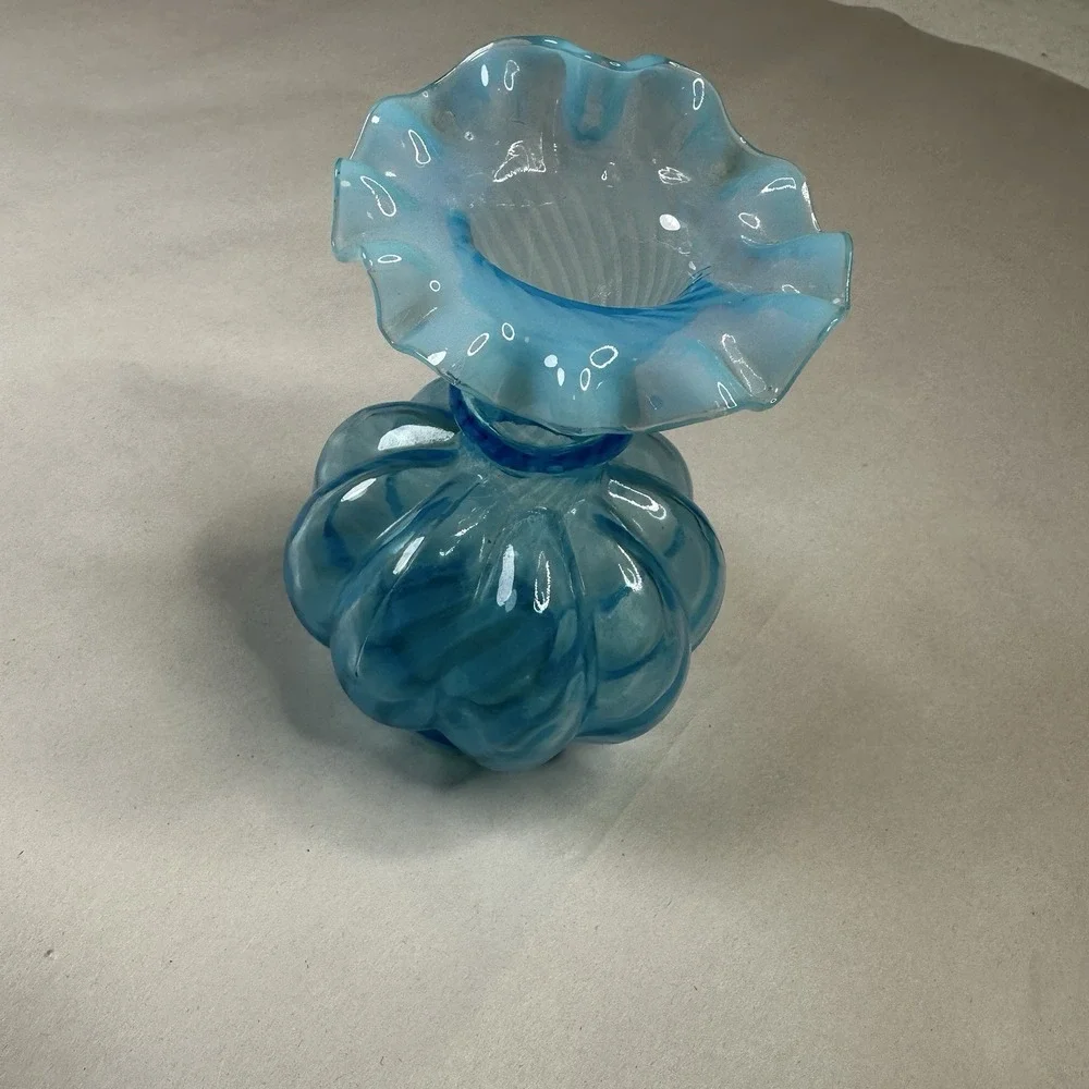 Vintage Fenton Art Glass‎ Blue Overlay Melon Base Vase Ruffle Top Edge